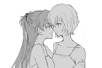 2girls ayanami_rei camisole closed_mouth commentary expressionless eye_contact greyscale hand_on_another&#039;s_arm imminent_kiss long_hair looking_at_another monochrome multiple_girls mutsu_(layergreen) neon_genesis_evangelion parted_lips short_hair souryuu_asuka_langley two_side_up yuri