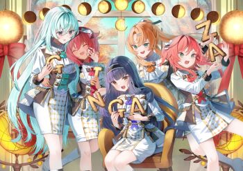 5girls ahoge balloon blue_hair closed_eyes food green_eyes hair_ornament hairband horns lilja_kurtbay long_hair multiple_girls official_art one_eye_closed open_mouth orange_hair pink_hair purple_eyes ramona_wolf red_hair saraki senju_koyomi short_hair skirt smile wang_xue world_dai_star yonaguni_hikari