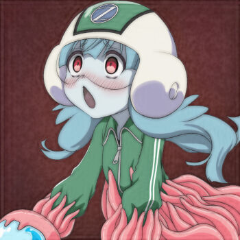 1girl arm_cannon blue_hair blush colored_skin green_helmet green_jacket grey_skin helmet highres hoshikawa_lily jacket long_hair long_sleeves open_mouth red_eyes superhero_costume surprised t_jiroo_(ringofriend) tentacles track_jacket track_suit upper_body weapon zombie zombie_land_saga