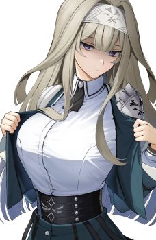 1girl agibe armor breasts duel_monster exosister_irene glaring grey_hair hairband highres jacket large_breasts long_hair long_sleeves necktie open_clothes open_jacket purple_eyes short_necktie shoulder_armor solo yu-gi-oh!