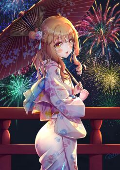 Rule 34 | 1boy, androgynous, ass, bamboo, covering own mouth, crossdressing, crossdressing (mtf), fireworks, floral print, from behind, hair bun, hair ornament, highres, holding, holding umbrella, japanese clothes, kimono, looking at viewer, looking to the side, natsusora wakana, night, novady, obi, open mouth, orange hair, original, print kimono, sash, see-through clothes, sky, standing, star (sky), star (symbol), star hair ornament, starry sky, tanabata, taut clothes, trap, umbrella, wide hips, yellow eyes, yukata