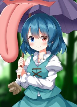 1girl blue_eyes blue_hair blue_skirt blue_vest blurry blurry_background blush closed_mouth commentary_request completion_time green_background heterochromia highres holding holding_umbrella juliet_sleeves karakasa_obake long_sleeves looking_at_viewer puffy_sleeves purple_umbrella red_eyes ruu_(tksymkw) shirt short_hair skirt skirt_set smile solo tatara_kogasa touhou umbrella upper_body vest white_shirt