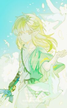 1boy a15179222 bird blonde_hair blue_eyes closed_mouth cloud cloudy_sky commentary_request copyright_name cowboy_shot earrings hair_between_eyes highres holding holding_sword holding_weapon jewelry light_smile link long_hair male_focus master_sword nintendo pointy_ears sidelocks sky solo sword the_legend_of_zelda the_legend_of_zelda:_tears_of_the_kingdom twitter_username upper_body weapon