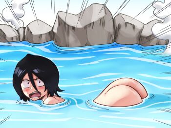 1girl absurdres afloat angry ass ass_focus bare_back bare_shoulders bathing black_hair bleach bleach:_sennen_kessen-hen blush blush_stickers caught commission completely_nude constricted_pupils embarrassed female_focus floating hair_between_eyes highres kuchiki_rukia long_bangs looking_at_viewer nude onsen outdoors parody partially_submerged petite purple_eyes ripples ririvart rock short_hair solo solo_focus source_request steam surprised water wide-eyed