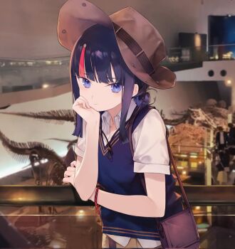 1girl black_hair blue_eyes blue_vest brown_hat daisi_gi fate/grand_order fate_(series) hat highres medium_hair multicolored_hair pink_hair shirt short_sleeves sidelocks solo streaked_hair utsumi_erice utsumi_erice_(over_the_same_sky) vest white_shirt