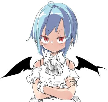 ahoge bare_shoulders bat_wings black_bow blue_hair bow collar commentary_request crossed_arms noya_makoto partially_colored pointy_ears pout puffy_short_sleeves puffy_sleeves red_eyes remilia_scarlet short_hair short_sleeves sketch touhou wings wrist_cuffs