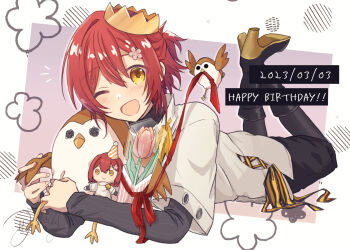 1boy ;d bird black_boots black_leggings black_pants black_sweater boots border capri_pants character_doll crown dated doll flower flower_symbol full_body hair_between_eyes hair_flower hair_ornament hairclip half_updo hanasaki_miyabi happy_birthday hat high_heel_boots high_heels highres holding holding_stuffed_toy holostars kyomu_suzume layered_sleeves leggings legs_up long_sleeves looking_at_viewer lying male_focus medium_hair mouth_hold notice_lines on_stomach one_eye_closed open_mouth outside_border pants party_hat pink_flower pink_tulip purple_background red_hair red_ribbon ribbon shion_mnkm shirt short_over_long_sleeves short_sleeves signature smile solo sparrow stuffed_animal stuffed_bird stuffed_toy sweater tilted_headwear tulip turtleneck turtleneck_sweater virtual_youtuber white_border white_shirt yellow_eyes yellow_ribbon