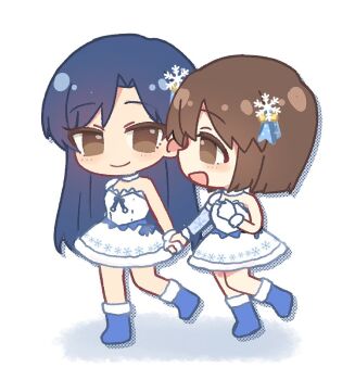 2girls blue_boots blue_hair boots brown_eyes brown_hair chibi chiwawa174 closed_mouth dress full_body gloves hagiwara_yukiho hair_ornament holding_hands idolmaster idolmaster_(classic) kisaragi_chihaya long_hair looking_at_another multiple_girls official_alternate_costume open_mouth short_hair single_glove smile snowflake_hair_ornament snowflake_liliput_(idolmaster) standing strapless strapless_dress walking white_dress white_gloves
