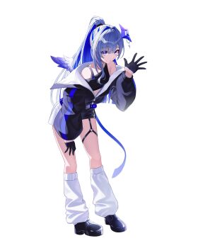 1girl absurdres amane_kanata belt black_gloves black_jacket black_shirt black_shorts blue_belt blue_hair breasts character_name clothes_writing colored_inner_hair commentary cropped_shirt double-parted_bangs full_body gloves grey_hair hair_intakes half_gloves halo hand_up highres hololive jacket kneehighs long_hair long_sleeves looking_at_viewer loose_socks miniskirt multicolored_hair overskirt parted_lips partially_unzipped pink_hair pink_streaks pleated_skirt ponytail purple_eyes shirt short_shorts shorts sidelocks simple_background single-shoulder_shirt single_sidelock skirt small_breasts smile socks solo star-ring star_halo streaked_hair thigh_strap tilted_halo very_long_hair virtual_youtuber white_background white_skirt white_socks