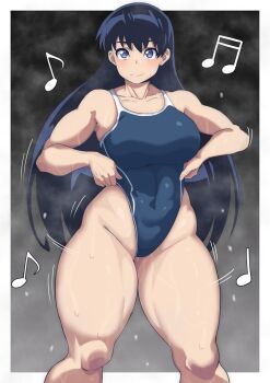 Rule 34 | 1girl, arato nagi, black hair, blue eyes, blue one-piece swimsuit, blush, breasts, competition swimsuit, covered navel, curvy, grey background, hands on own hips, highleg, highleg one-piece swimsuit, large breasts, long hair, musical note, one-piece swimsuit, oryutoo, ruri no houseki, smile, solo, swimsuit, thick thighs, thighs, wet