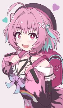 1girl ahoge animal_print aqua_hair backpack bag bandaid bandaid_hair_ornament bear_print beret blue_bow blush bow breasts chest_bow chest_harness choker cleavage collarbone crossed_bandaids fang fanged_bangs flag_print gradient_bow grey_background hair_intakes hair_ornament halulu harness hat heart heart_choker heart_o-ring highres idolmaster idolmaster_cinderella_girls idolmaster_cinderella_girls_starlight_stage jacket large_breasts long_sleeves looking_at_viewer medium_hair multicolored_hair o-ring o-ring_choker o-ring_harness open_mouth pink_bag pink_bow pink_choker pink_eyes pink_hair pink_jacket print_jacket purple_hat purple_jacket rainbow_print randoseru simple_background single_bare_shoulder sleeves_past_wrists smile solo streaked_hair teddy_bear_hair_ornament two-tone_hair two_side_up upturned_eyes yumemi_riamu