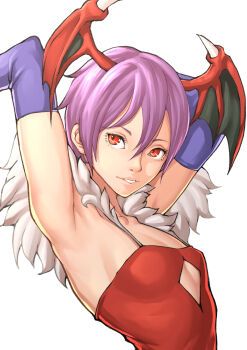1girl armpits arms_behind_head bat_wings breasts capcom cleavage darkstalkers demon_girl highres leotard lilith_(darkstalkers) looking_at_viewer parted_lips purple_hair red_eyes seductive_gaze seductive_smile short_hair sideboob small_breasts smile solo wings