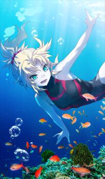 1girl air_bubble aqua_eyes black_one-piece_swimsuit blonde_hair blue_background breasts bubble collarbone commentary_request coral_reef day diving fate/grand_order fate_(series) fish game_cg konoe_ototsugu light_rays medium_hair mordred_(fate) mordred_(over_the_same_sky)_(fate) official_alternate_costume official_art one-piece_swimsuit outstretched_arm parted_bangs photo_background sidelocks small_breasts solo sunbeam sunlight swimming swimsuit third-party_source underwater