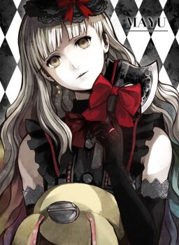 Rule 34 | 1girl, argyle background, axe, blonde hair, bow, bowtie, character name, colored inner hair, commentary, earpiece, elbow gloves, empty eyes, gloves, hat, head tilt, highres, holding, holding axe, jewelry, long hair, mayu (vocaloid), multicolored hair, parted lips, rainbow hair, ring, sleeveless, solo, stuffed animal, stuffed rabbit, stuffed toy, ume73, upper body, vocaloid, yellow eyes