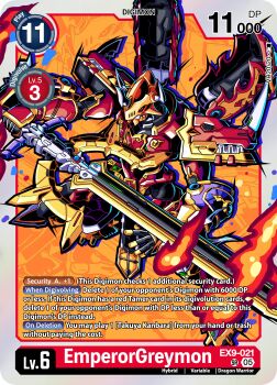 Rule 34 | 1boy, absurdres, armor, blue eyes, border, card (medium), digimon, digimon (creature), digimon card game, dragon, english text, fake trading card, fire, helmet, highres, horns, kaisergreymon, orange helmet, red armor, solo, vh20/20, white border