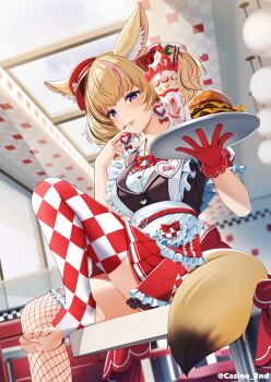 1girl animal_ear_fluff animal_ears apron argyle_clothes argyle_thighhighs black_hair blonde_hair brown_vest burger casino_(casinoep) commentary_request diner dorsiflexion feet fishnet_thighhighs fishnets food food_on_hand foot_out_of_frame fox_ears fox_girl fox_tail frilled_overskirt frilled_sleeves frills gloves greek_toe hat highres holding holding_plate holding_tray hololive indoors knee_up layered_skirt legs looking_at_viewer medium_hair miniskirt multicolored_hair nail_polish name_tag no_shoes official_alternate_costume official_alternate_hairstyle omaru_polka omaru_polka_(waitress) on_table overskirt paid_reward_available parfait peaked_cap pink_hair plate pleated_skirt puffy_short_sleeves puffy_sleeves purple_eyes red_gloves red_overskirt red_skirt red_thighhighs restaurant shirt short_sleeves single_glove sitting skirt soles solo stirrup_legwear streaked_hair table tail thighhighs tilted_headwear toeless_legwear toenail_polish toenails toes tray vertical-striped_sleeves vest virtual_youtuber waist_apron waitress white_apron white_shirt wrist_cuffs
