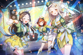 3girls :d ahoge aiguillette ascot belt black_belt blonde_hair blue_cape blurry blurry_background blush boots bow bracelet brown_eyes cape closed_eyes collared_shirt colored_eyelashes commentary_request concert contrapposto cowboy_shot depth_of_field detached_collar elbow_gloves epaulettes falling_petals flipped_hair frilled_gloves frilled_shorts frilled_skirt frills gakuen_idolmaster gloves gradient_hair grey_hair hair_bow hair_bun hair_ornament hairclip hanami_ume hand_on_own_hip hand_up hands_up hat high_collar idol idol_clothes idolmaster indoors jacket jewelry kuramoto_china lace-up_boots laurels leaning_forward long_hair looking_at_viewer medium_hair midriff mini_hat multicolored_hair multiple_girls necktie one_eye_closed open_hand open_mouth orange_eyes parted_bangs petals petticoat plaid_clothes plaid_hat plaid_jacket plaid_skirt pom_pom_(clothes) puffy_short_sleeves puffy_sleeves salute sash screen shako_cap shinishi_chiho shinosawa_hiro shirt short_sleeves shorts signature single_side_bun skirt smile stage stage_lights standing standing_on_one_leg sweat tailcoat thigh_strap white_boots white_bow white_gloves white_necktie white_shirt yellow_shorts yellow_skirt