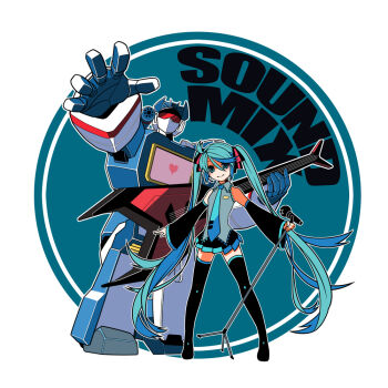 1980s_(style) 1boy 1girl aqua_eyes aqua_hair black_thighhighs boots crossover decepticon detached_sleeves floating_hair green_eyes green_hair guitar hatsune_miku headset heart instrument long_hair machine machinery mecha necktie oldschool retro_artstyle rkp robot science_fiction skirt sleeveless smile soundwave_(transformers) thigh_boots thighhighs transformers transformers:_generation_1 twintails very_long_hair vocaloid