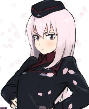Rule 34 | 1girl, black hat, black jacket, frown, girls und panzer, girls und panzer little army, hat, jacket, kuromorimine military uniform, long hair, mityubi, one-hour drawing challenge, pink eyes, pink hair, school uniform, sheska (girls und panzer), shirt, upper body