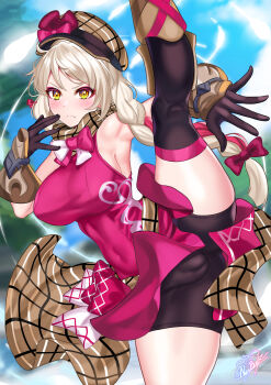 Rule 34 | 1girl, absurdres, alternate breast size (larger), armpits, axe kick, black gloves, black shorts, black thighhighs, blonde hair, bow, braid, breasts, brown scarf, cameltoe, deerstalker, dress, fire emblem, fire emblem engage, framme (fire emblem), gloves, hat, hat ribbon, high kick, highres, impossible clothes, kicking, large breasts, long hair, martial arts, multicolored hair, nez-box, nintendo, pink bow, pink dress, pink hair, plaid clothes, plaid hat, plaid scarf, ribbon, scarf, shorts, single braid, sleeveless, sleeveless dress, standing, standing on one leg, thick thighs, thighhighs, thighs, two-tone hair, wrist guards, yellow eyes