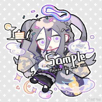 Rule 34 | 1girl, chibi, chibi only, chinese commentary, cloud, commentary request, commission, halo, long hair, moon, original, pink halo, solo, thurim6, twintails, white eyes