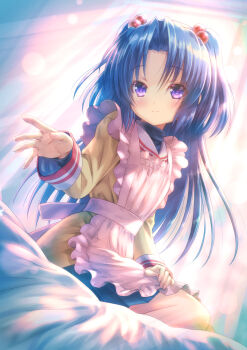 1girl apron blue_hair blue_skirt clannad commentary_request commission frilled_apron frills goto_p hair_bobbles hair_ornament highres hikarizaka_private_high_school_uniform ichinose_kotomi on_bed purple_eyes school_uniform serafuku shirt sitting skeb_commission skirt solo two_side_up yellow_shirt