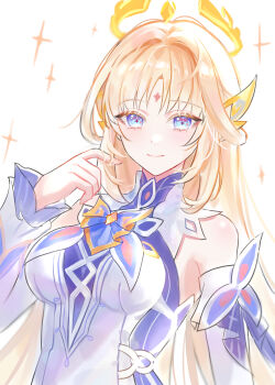 1girl absurdres blonde_hair blue_eyes breasts commentary detached_sleeves dress facial_mark forehead_mark genshin_impact gold_halo highres large_breasts long_hair looking_at_viewer nicole_(genshin_impact) simple_background smile solo ssamsa0404 very_long_hair white_background white_dress