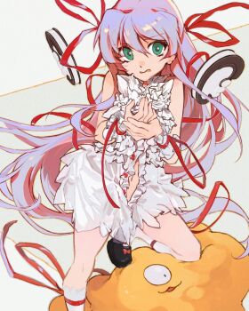 1girl al_azif_(demonbane) black_shoes clothing_cutout demonbane dress frilled_dress frilled_wrist_cuffs frills green_eyes hair_ribbon lillin long_hair looking_at_viewer navel navel_cutout pink_hair ribbon shoes sleeveless sleeveless_dress solo white_dress wrist_cuffs wrist_ribbon