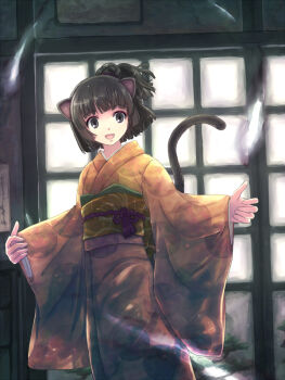 animal_ears bakeneko black_eyes black_hair blunt_bangs bob_cut brown_eyes cat_ears cat_tail hime_cut japanese_clothes kimono open_mouth original short_hair solo standing tail yakka