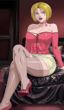 1girl bedroom bible_black bible_black_new_testament blonde_hair blue_eyes breasts curvy door dress huge_breasts kitami_reika large_breasts lipstick makeup neck_ribbon night red_dress ribbon shin_bible_black short_hair witch