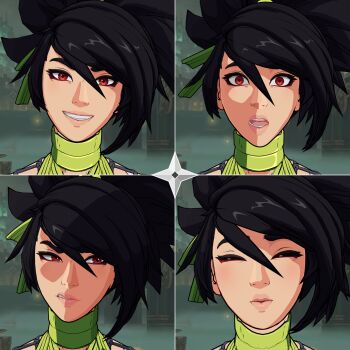 3d akali black_hair fighting_game high_ponytail highres kilianjunk kiss league_of_legends mask mouth_mask ponytail portrait smile smirk surprised
