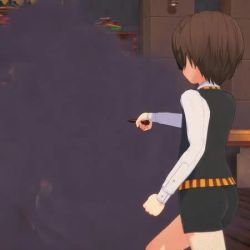 1boy 1girl 3d animated breasts breasts_out brown_hair harry_potter harry_potter_(series) hermione_granger koikatsu_(medium) large_areolae large_breasts lowres magic mechamobius nipples panties shota skirt tagme thick_thighs thighs underwear video wand wizarding_world
