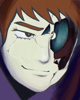 chargeman_ken! colored_skin cracked_kawaii_mask cracked_mask esupure highres izumi_ken jural mask masked no_humans open_mouth portrait red_skin sharp_teeth teeth