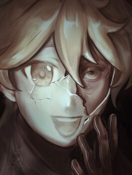 1boy aether_(genshin_impact) blonde_hair braid broken_mask brown_gloves cracked_kawaii_mask empty_eyes genshin_impact gloves grey_scarf hair_between_eyes hand_up highres leather leather_gloves long_hair looking_ahead male_focus mask open_mouth scarf single_braid smile solo tedlybinn teeth tongue upper_body watermark yellow_eyes yellow_pupils