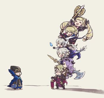 &gt;_&lt; 3girls 4boys armor axe black_hairband blonde_hair book bow camilla_(fire_emblem) chibi closed_mouth female_corrin_(fire_emblem) male_corrin_(fire_emblem) dated elise_(fire_emblem) fire_emblem fire_emblem_fates fire_emblem_heroes hair_bow hair_over_one_eye hairband highres holding holding_axe holding_book holding_staff holding_sword holding_weapon leo_(fire_emblem_fates) long_hair multiple_boys multiple_girls nintendo open_mouth pointy_ears purple_hair short_hair smile staff sword twintails ultrablueanya weapon white_hair xander_(fire_emblem) yato_(fire_emblem)