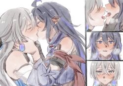 Rule 34 | 2girls, after kiss, arm scarf, black gloves, black hair, blush, bronya rand, closed eyes, commentary request, detached sleeves, drooling, earrings, elan ouo, french kiss, gloves, grey hair, hand on another&#039;s face, hand on another&#039;s neck, heart, highres, honkai: star rail, honkai (series), jewelry, kiss, long hair, looking at another, multicolored hair, multiple girls, parted lips, purple hair, saliva, seele (honkai: star rail), simple background, streaked hair, sweat, tearing up, tears, tongue, tongue out, white background, yuri