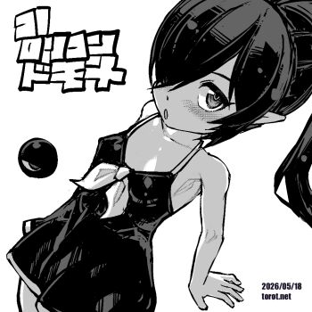 1girl :o arm_support armpit_crease backbeako_(torotei) backbeard bare_shoulders blush breasts collarbone commentary cowboy_shot dated dated_commentary dress gegege_no_kitarou greyscale hair_over_one_eye kono_lolicon_domome long_hair looking_at_viewer monochrome neckerchief open_mouth original paid_reward_available pointy_ears ponytail simple_background small_breasts solo torotei translated variant_set watermark web_address white_background