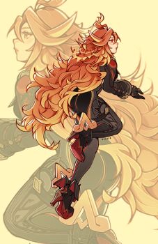 1girl ahoge artist_name biker_clothes bikesuit black_bodysuit bodysuit expressionless floating from_side full_body genshin_impact gloves high_heels highres long_hair long_sleeves mavuika_(genshin_impact) multicolored_hair orange_eyes orange_hair oxcoxa profile red_hair simple_background solo very_long_hair yellow_background zoom_layer