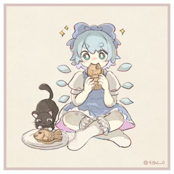 1girl black_cat blue_bow blue_dress blue_hair border bow brown_background brown_border cat chigu cirno commentary_request detached_wings dress eating food hair_bow highres holding holding_food ice ice_wings pinafore_dress plate puffy_short_sleeves puffy_sleeves short_sleeves sleeveless sleeveless_dress socks taiyaki touhou twitter_username wagashi white_socks wings