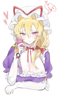 1girl absurdres blonde_hair blush bow bowtie breasts cellphone choker cleavage commentary cropped_torso dress elbow_gloves frilled_choker frills gloves highres holding holding_phone large_breasts looking_at_viewer phone puffy_short_sleeves puffy_sleeves purple_dress purple_eyes red_bow red_bowtie short_sleeves simple_background solo touhou upper_body white_background white_gloves xiao_ji_ben yakumo_yukari