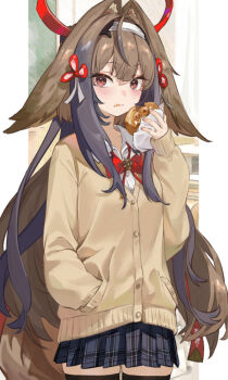 Rule 34 | 1girl, animal ears, black thighhighs, blush, bow, bowtie, brown cardigan, brown hair, cardigan, closed mouth, clover, clover hair ornament, collared shirt, droopy ears, eating, food, food on face, fox ears, fox girl, fox tail, hair intakes, hair ornament, hairband, hand in pocket, long hair, long sleeves, looking at viewer, mashaer, plaid clothes, plaid skirt, pleated skirt, red bow, red bowtie, red eyes, school uniform, shirt, skirt, solo, standing, tail, thighhighs, very long hair, white hairband, white shirt, ye shunguang, zenless zone zero