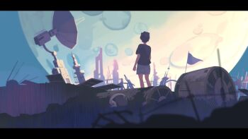 1other back black_hair black_shirt flag machine original pants planet ruins shirt solo taizo_(taizo_03)