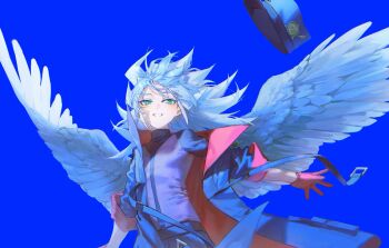 Rule 34 | 1boy, alien 888, antenna hair, black trim, blue background, blue coat, blue hair, blue hat, blue pants, coat, cowboy shot, facing to the side, feathered wings, gloves, green eyes, hat, highres, looking to the side, male focus, open clothes, open coat, outstretched arms, pants, red gloves, red trim, sleeves rolled up, smile, spiked hair, spread wings, turning head, white coat, white track suit, white wings, wind, wings, yu-gi-oh!, yu-gi-oh! go rush!!, yudias velgear