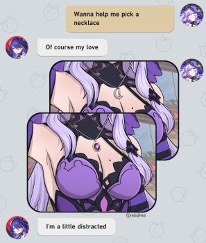 2girls absurdres acheron_(honkai:_star_rail) armpits bare_shoulders black_gloves black_swan_(honkai:_star_rail) bra breast_focus breasts chat_log cleavage collarbone covered_collarbone dress elbow_gloves english_text gloves gold_necklace hair_spread_out head_out_of_frame highres honkai:_star_rail honkai_(series) jewelry large_breasts long_hair meme multiple_girls nebulimes necklace purple_dress purple_gloves purple_hair purple_sleeves purple_veil strapless strapless_bra text_messaging underwear user_interface veil wanna_help_me_pick_a_necklace?_(meme) yuri