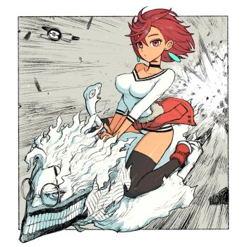 1boy 1girl ayase_momo black_choker black_thighhighs black_trim bob_cut border breasts brown_eyes brown_hair carrying carrying_person cat choker closed_mouth clothes_around_waist creature dandadan dattosan dot_mouth dress earrings expressionless floating_hair flying fur-trimmed_jacket fur_trim furrowed_brow glasses grey_background hand_on_another&#039;s_back hands_on_another&#039;s_back hashtag-only_commentary highres jacket jacket_around_waist jewelry large_breasts looking_at_viewer messy_hair motion_lines neck_grab outside_border panties pantyshot pendant_earring red_footwear red_jacket round_eyewear shards sharp_teeth shiny_skin short_dress short_hair sitting sitting_on_person spread_legs straddling sweater sweater_dress takakura_ken_(dandadan) takakura_ken_(transformed)_(dandadan) teeth teeth_print_mask thighhighs turbo_granny_(dandadan) underwear v-neck v_arms wavy_hair white_border white_dress white_eyes white_hair white_panties white_sweater wind zettai_ryouiki