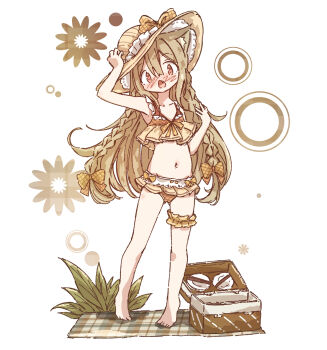 1girl animal_ears barefoot bikini blush cat_ears cat_girl chipie_0114 commentary frilled_thigh_strap full_body hand_on_headwear hat highres long_hair looking_at_viewer navel open_mouth original picnic_basket solo standing sun_hat swimsuit thigh_strap