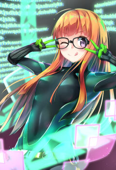 1girl ;q ahoge bananatsukis black-framed_eyewear black_bodysuit bodysuit breasts brown_hair covered_navel double_v glasses highres long_hair looking_at_viewer one_eye_closed oracle_(persona_5) persona persona_5 purple_eyes sakura_futaba small_breasts solo straight_hair tongue tongue_out v very_long_hair