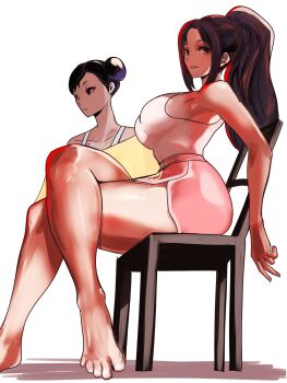 bare_shoulders breasts capcom chun-li cleavage collarbone fatal_fury hashtag-only_commentary highres large_breasts long_hair looking_at_viewer meke_(77842928) shiranui_mai short_shorts shorts sideboob simple_background sitting smile street_fighter tank_top white_background white_tank_top
