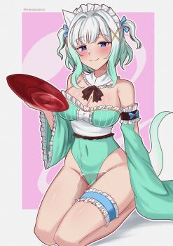 1girl absurdres adapted_costume alcohol bare_shoulders black_bow black_bowtie blue_eyes blush border bow bowtie breasts cleavage closed_mouth commentary covered_navel cup detached_collar english_commentary frilled_sleeves frilled_thigh_strap frills full_body ghost_tail green_hair green_leotard hair_intakes hair_ornament highleg highleg_leotard highres indie_virtual_youtuber large_breasts leotard long_sleeves looking_at_viewer maid_headdress mint_fantome mint_fantome_(minto_2.0) outside_border pink_background sakazuki sake seiza sitting sleeve_garter smile solo thigh_strap triangular_headpiece twitter_username two_side_up virtual_youtuber white_border white_hair x_hair_ornament xanadu_avici