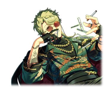 Rule 34 | 1boy, arm tattoo, black gloves, black shirt, cigarette, game cg, gloves, green eyes, green hair, hair over one eye, happy elements, helios rising heroes, holding, holding cigarette, jacket, jewelry, keith max, looking at viewer, mahjong, male focus, necklace, non-web source, official art, one eye covered, ring, round eyewear, shirt, short hair, smile, solo, sunglasses, tattoo, teeth, tinted eyewear, transparent background, upper body